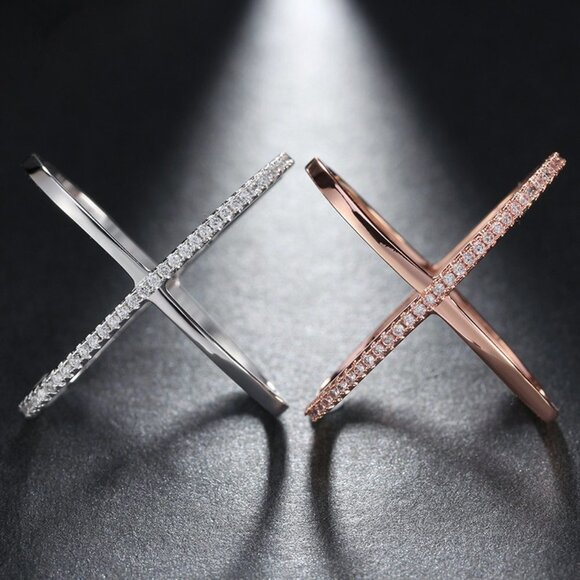 Two Lines Cross X Shape Rose Gold Ring for Women, VIP140 - Picture 1 of 3
